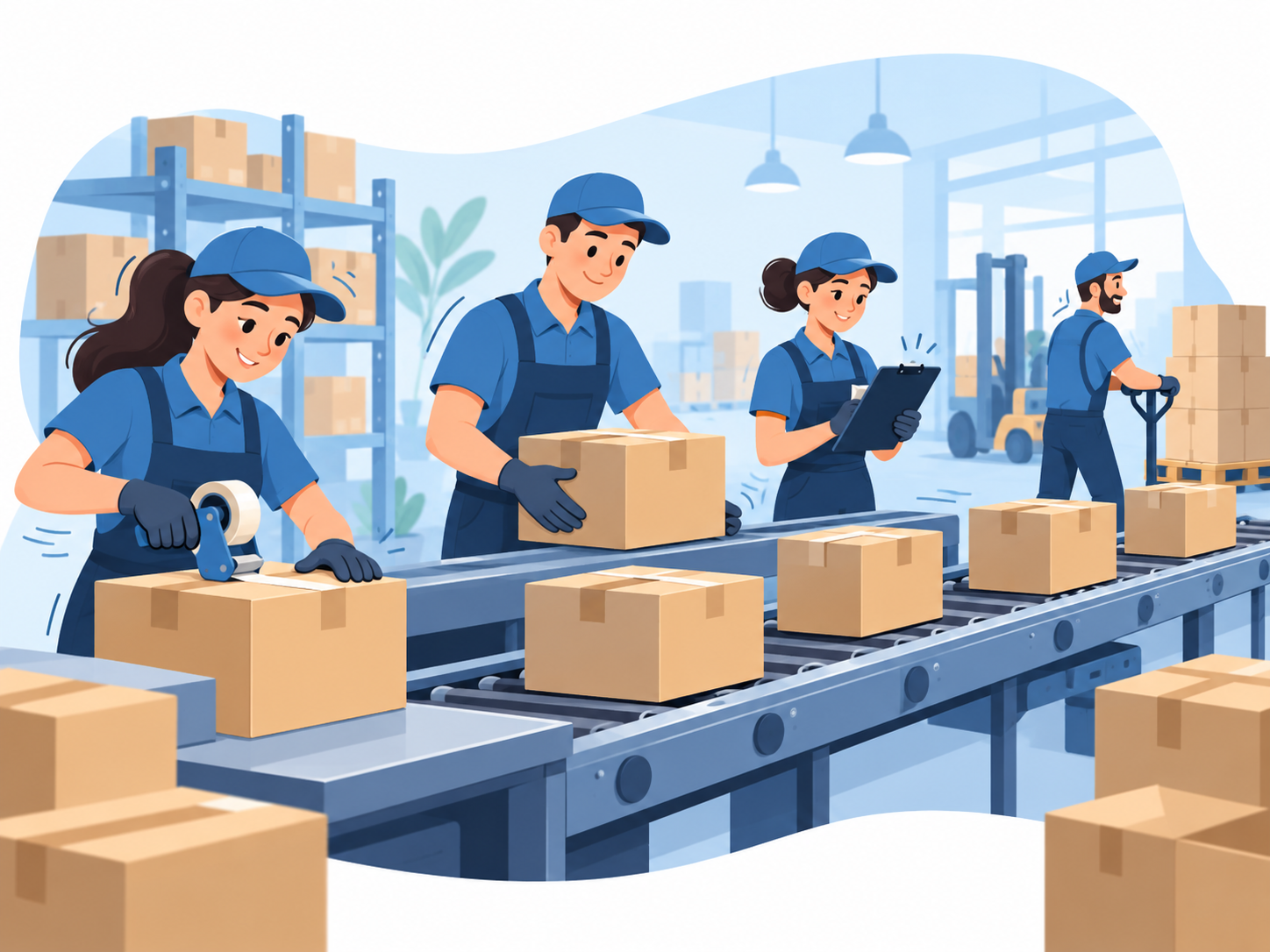 Illustration of workers helping with packing and manufacturing tasks